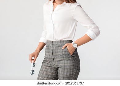 Woman With Stylish Wrist Watch On White Background