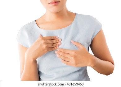 Woman suffering from acid reflux or heartburn, isolated on white background