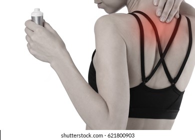 Woman Suffering From Back Pain Applying Pain Relief Cream . Sports Exercising Injury.