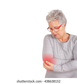 Woman Suffering From Chronic Joint Rheumatism. Elbow Pain And Treatment Concept. 