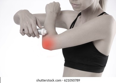 Woman Suffering From Elbow Pain Applying Pain Relief Cream