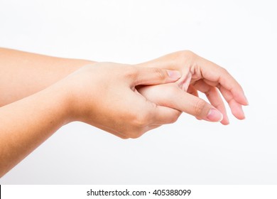 Woman Suffering From Hand Pain On White Background