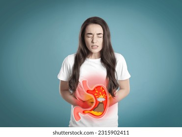 Woman suffering from heartburn on turquoise background. Stomach with erupting volcano symbolizing acid indigestion, illustration