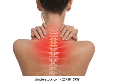 Woman suffering from pain in neck on white background, closeup - Shutterstock ID 2175846939