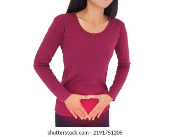 Woman suffering from pelvic pain with uterus and ovaries anatomy. Cause of pain inclued dysmenorrhea, edometriosis, cervical cancer. Health concept. Closeup photo, blurred. - Shutterstock ID 2191751205
