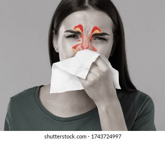 Woman suffering from runny nose as allergy symptom. Sinuses illustration on face