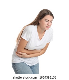 Woman Suffering From Stomach Ache On White Background. Food Poisoning