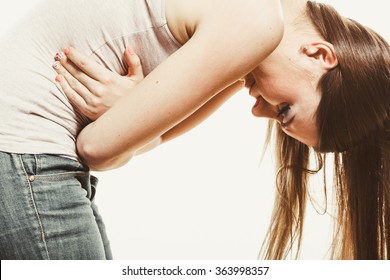 Woman Suffering From Stomachache Pain. Girl Having Period Bellyache. Health.