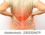 Woman suffering from waist, backache or hip pain on white background. Backache, office syndrome and health concept.