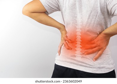 Woman suffering from waist, backache or hip pain on white background. Backache, office syndrome and health concept.