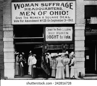 Woman Suffrage Headquarters In Cleveland, Ohio. Miss Belle Sherwin, President, National League Of Women Voters (A); Judge Florence E. Allen Is Holding The Flag; And Mrs. Malcolm McBride (C). 1912.