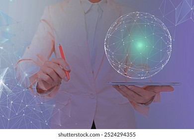 Woman In Suit Holding Tablet With Circular Holographic Display. - Powered by Shutterstock