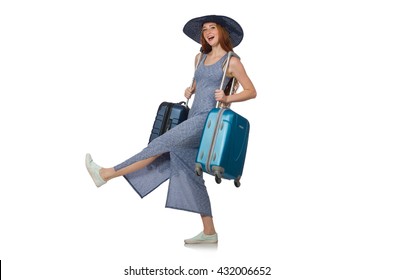 Woman With Suitcase Isolated On White