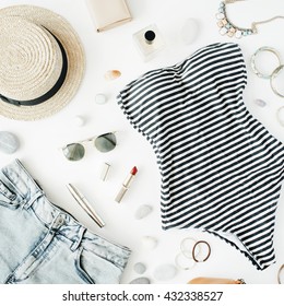 Woman Summer Clothes And Accessories Collage On White, Flat Lay, Top View