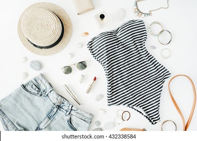 Woman Summer Clothes And Accessories Collage On White, Flat Lay, Top View