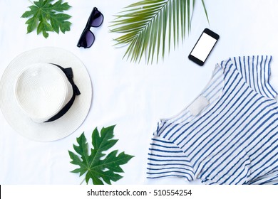 Woman Summer Clothes Collage On White,camera,bag,phone, Flat Lay, Top View