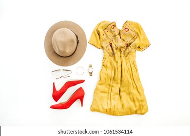 Woman Summer Colorful Fashion Clothes And Accessory Set On White Background. Flat Lay, Top View.