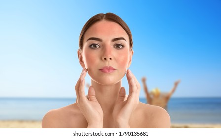 Woman With Sunburn On Beach. Skin Protection From Sun In Summer