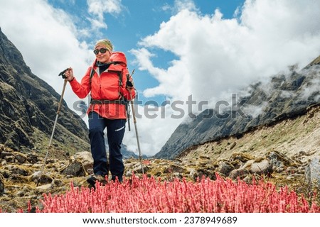 Woman in sunglasses with backpack and trekking poles dressed red softshell jacket Calluna heather pink plants during Makalu Barun National Park trek in Nepal. Mountain hiking and active people concept