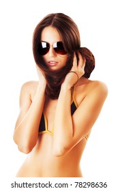 Woman In Sunglasses And Hair Around Neck On White Background