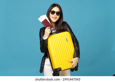 Woman Sunglasses Leather Jacket Suitcase Passport Stock Photo ...