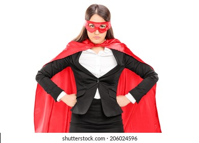 Woman In Superhero Costume Standing Proudly Isolated On White Background