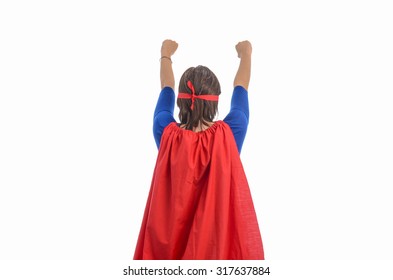 Woman Superhero With Red Cape, White Background.