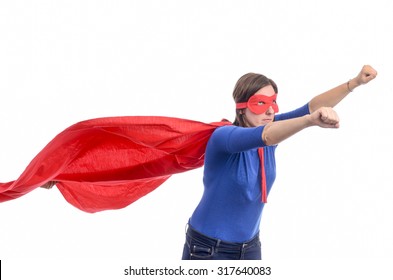 Woman superhero with red cape, white isolated.
