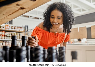 Woman In Supermarket, Groceries And Sustainability, Shopping Food To Support Eco Friendly Local Small Business. Vegan Choice Grocery Store With Low Carbon Footprint And Sustainable Healthy Lifestyle.