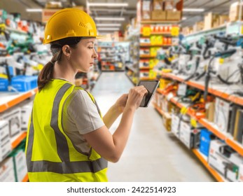 Woman supermarket storekeeper. Warehouse manager at grocery store. Worker with tablet in blurred supermarket. Storekeeper uses electronic gadget. Shopping center woman supervisor in yellow helmet - Powered by Shutterstock