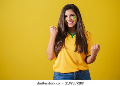 Woman Supporter Of Brazil, Football Championship, Celebrating, Partying.