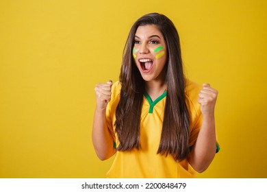 Woman Supporter Of Brazil, Football Championship, Screaming Goal, Celebrating Team Victory And Goal.
