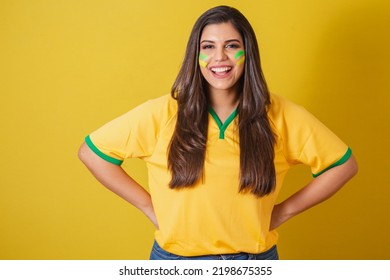 Woman Supporter Of Brazil, Soccer Championship, Hands On Hips, Confident And Happy.