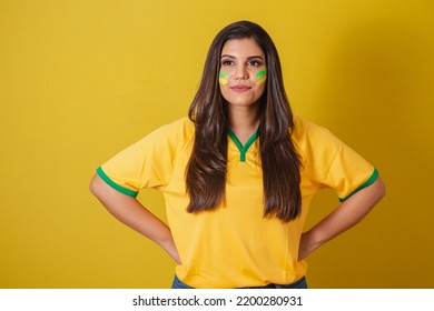 Woman Supporter Of Brazil, Soccer Championship, Hands On Hips, Confident And Happy.