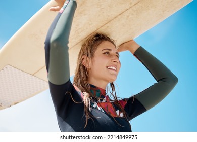 Woman Surfing Board, Beach Sports And Summer Training For Waves, Freedom And Happiness Outdoors In Australia Blue Sky. Happy Young Surfer At Ocean, Sea And Sunshine To Relax, Motivation And Adventure