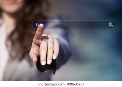 Woman Surfing The Internet By Pressing Search Button On Browser Tab.