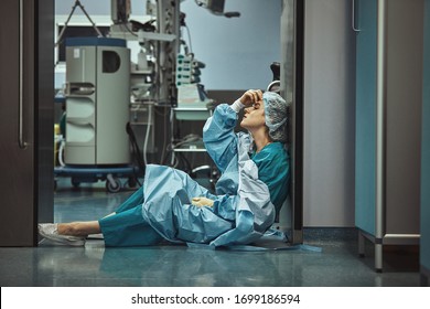 Woman Surgeon Looking Sadness Fatigue After Surgery Copyspace Stress Depression Guilt Unhappy Problem Worker Medicine Healthcare Emotions