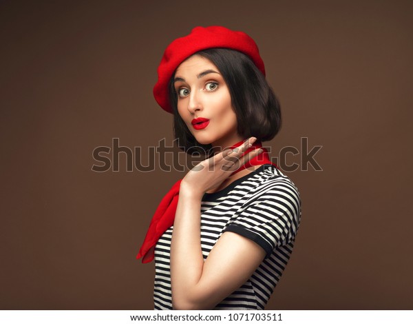 Woman Surprised Red Beret Strippes Tshirt Stock Photo Edit Now