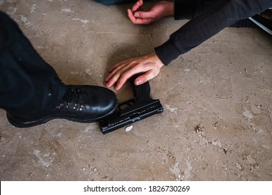 Woman Swat Police Officer Arresting A Criminal Guy With A Gun.