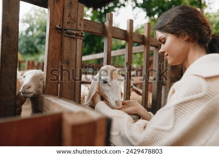 A woman in a sweater petting a goat behind a fence in a barnyard