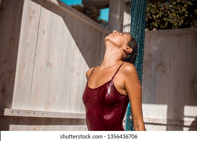 Woman Swimsuit Showering After Swimming Pool Stock Photo