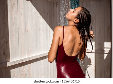 Woman Swimsuit Showering After Swimming Pool Stock Photo Edit Now