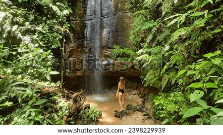 woman in swimwear at waterfall surrounded by forest, in the Amazon region, in Serra do Divisor National Park, in the state of Acre Foto stock © 