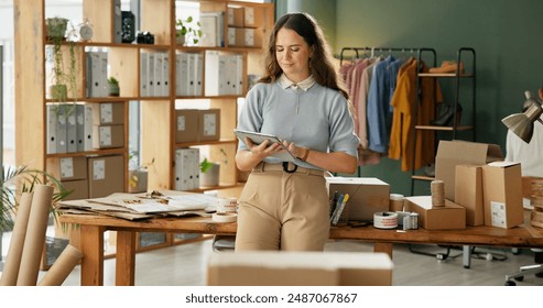 Woman, tablet and checklist for small business, ecommerce and boutique startup with online sales. Owner, delivery planning and digital website for internet store, retail service and quality control - Powered by Shutterstock