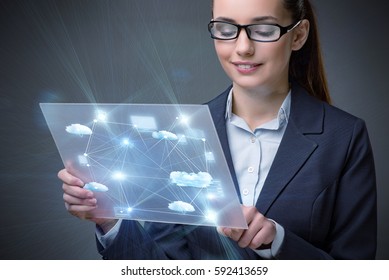 Woman with tablet in cloud computing concept