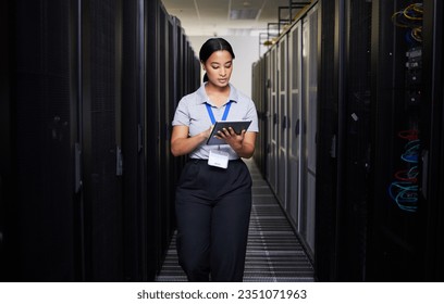 Woman, tablet and engineer in server room on research for programming at night. Information technology, inspection and technician in data center reading, network maintenance or typing software code