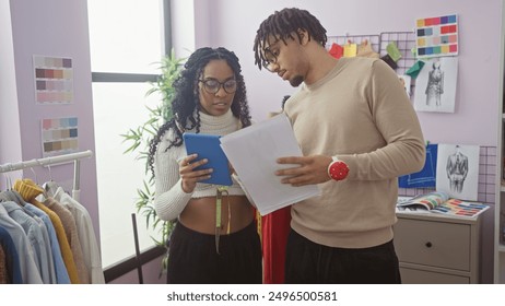 A woman with a tablet and a man holding fashion designs collaborate in a vibrant atelier. - Powered by Shutterstock