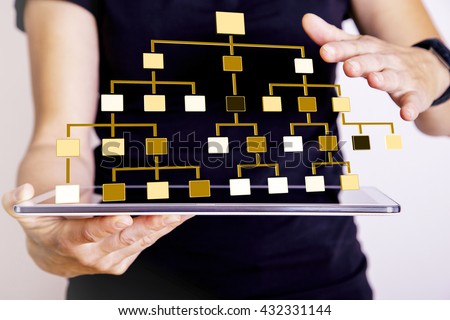 Woman with tablet PC displays hierarchical structure