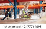 Woman, tablet and scanner for boxes in warehouse for e commerce, logistics or inventory of online order. Industrial worker on digital software for dropshipping service or schedule of package on shelf