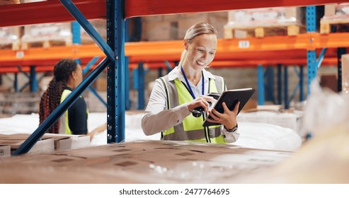 Woman, tablet and scanner for boxes in warehouse for e commerce, logistics or inventory of online order. Industrial worker on digital software for dropshipping service or schedule of package on shelf - Powered by Shutterstock